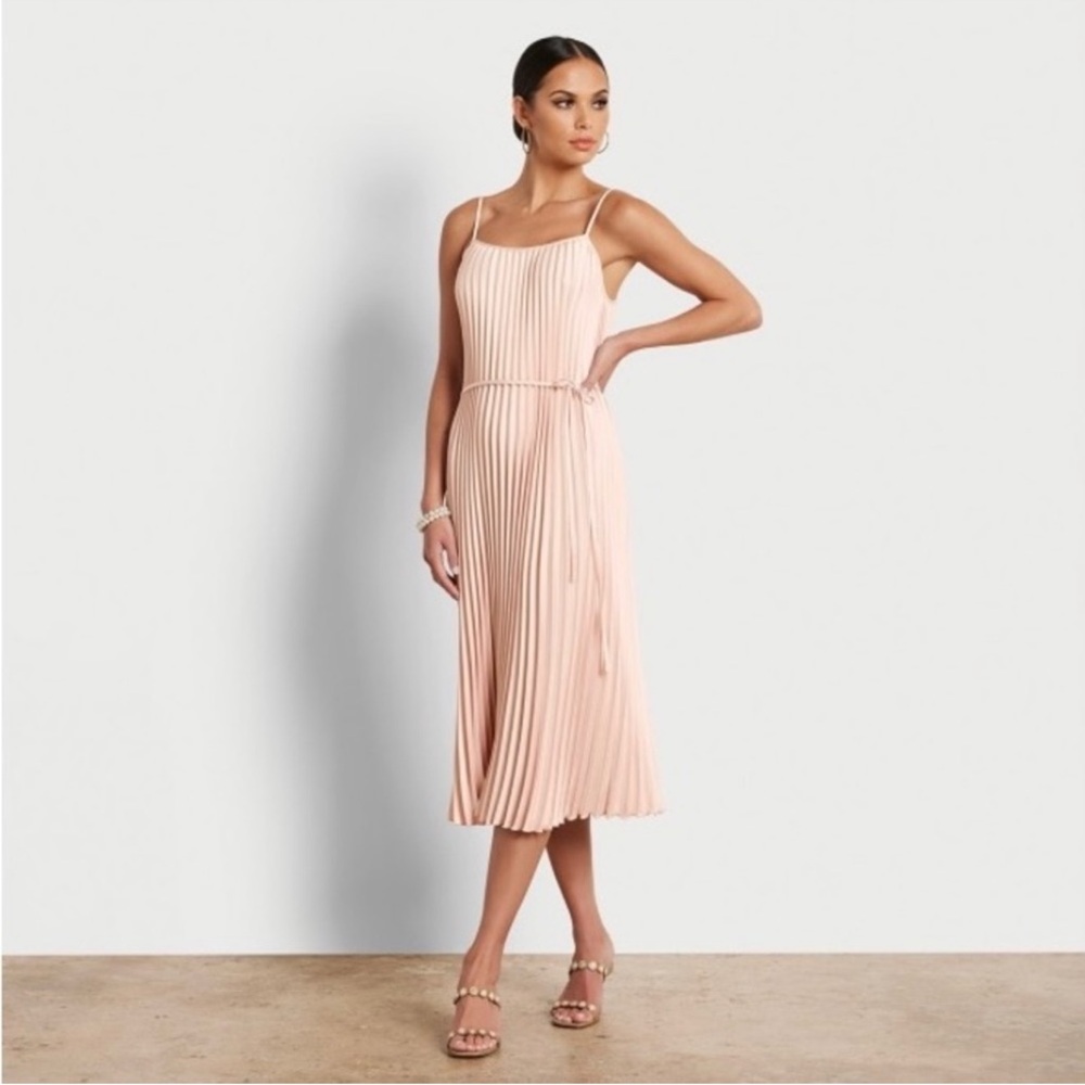 Sam Edelman Blush Hammered Satin Pleated Plissé Midi Dress
